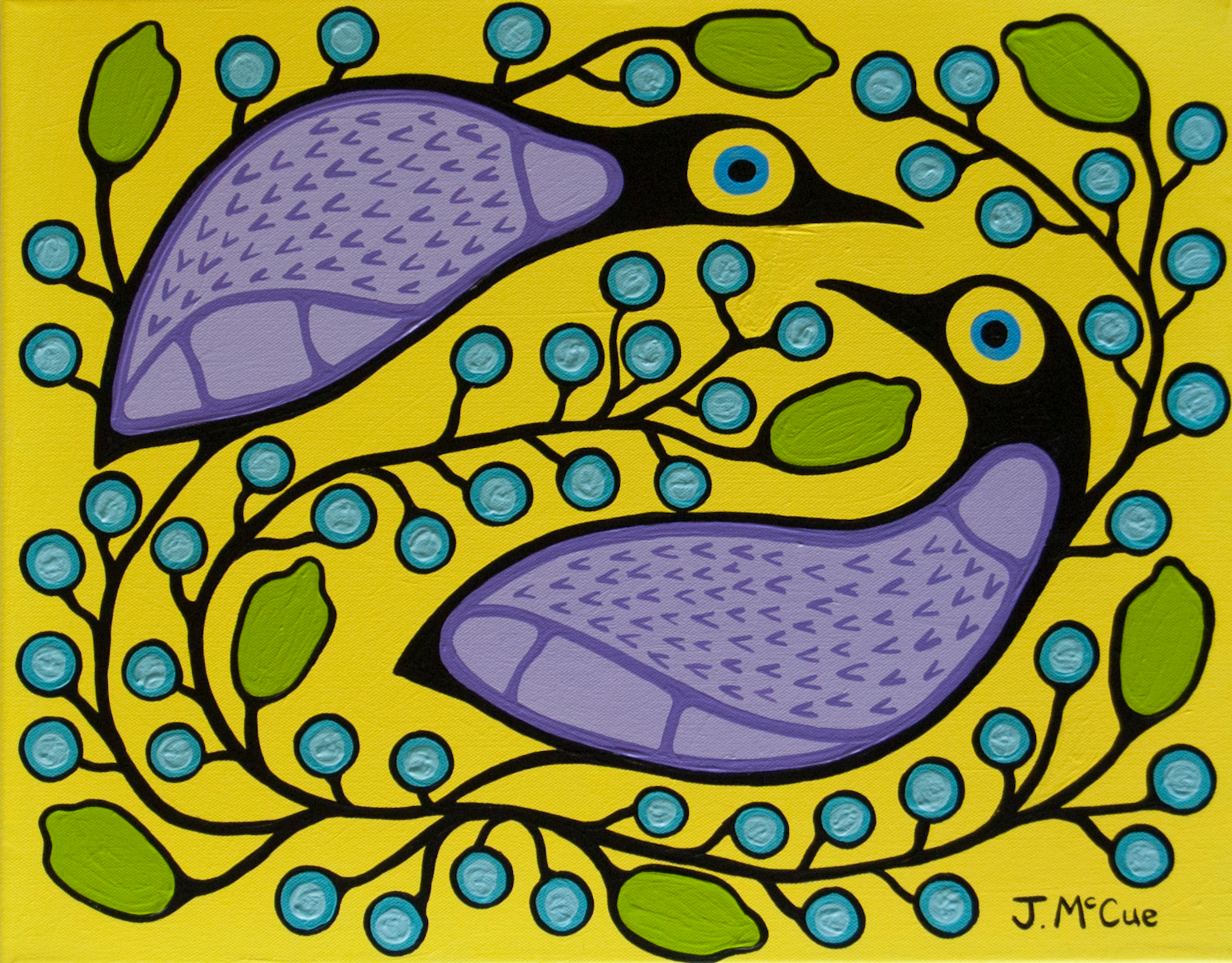 “Birds and Blueberries 3” Acrylic on canvas 16” x 20”